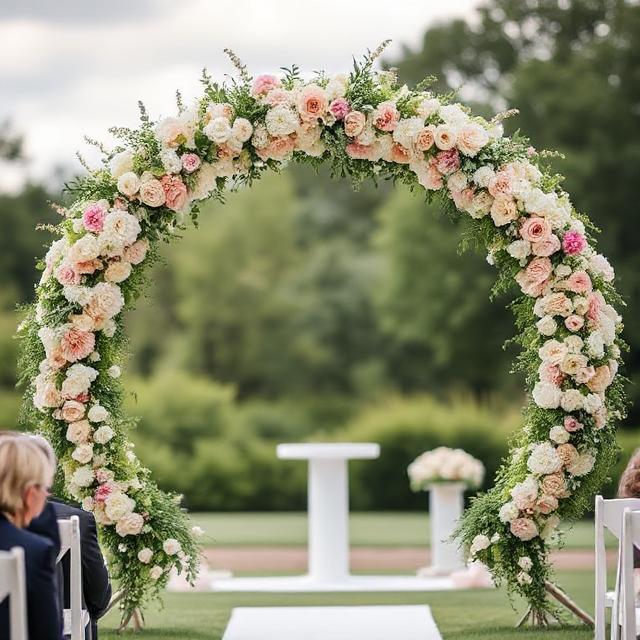 Secret Garden Wedding: Enchanting Pastel Floral Decor & Dreamy Wedding Chandeliers 4 Circular floral arch at outdoor ceremony with pastel flowers and romantic details.