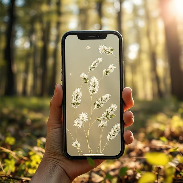 Aesthetic Wallpaper iPhone: Discover 2025 Trends to Refresh Your Screen 8 Show a beautiful eco-light aesthetic wallpaper iPhone with off-white weaves and nature motifs, on a phone in a forest setting, glowing with natural light.
