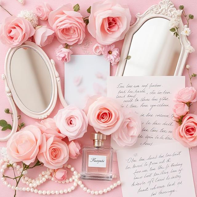 Aesthetic Wallpapers That Brighten Your Screen and Your Soul 4 A soft pink aesthetic collage featuring vintage vanity mirrors, blush-toned florals, pearl accessories, elegant perfume bottles, and handwritten notes in cursive.