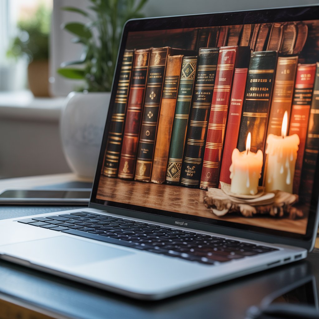 Laptop Wallpaper HD 1080p Aesthetic Dark Academia Dark – A Complete Guide 4 Laptop showing Laptop Wallpaper HD 1080p Aesthetic Dark Academia Dark with vintage books and candles.