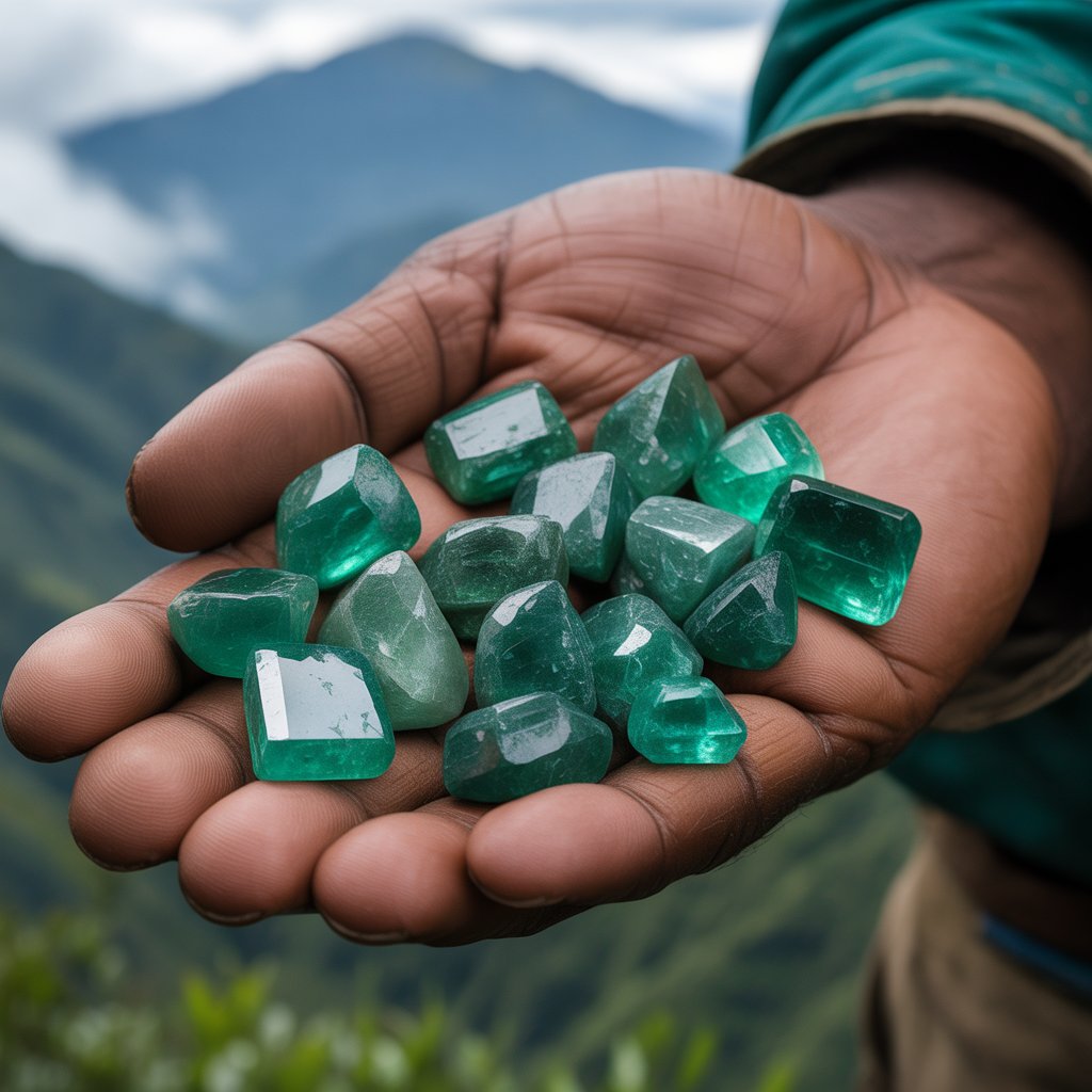 Emerald Jewelry Designs 2025 3 Close-up photo of raw Colombian emeralds in a miner's hand, with rich green hues glistening under natural light, set against a backdrop of misty mountains, capturing authenticity and natural beauty in high detail.