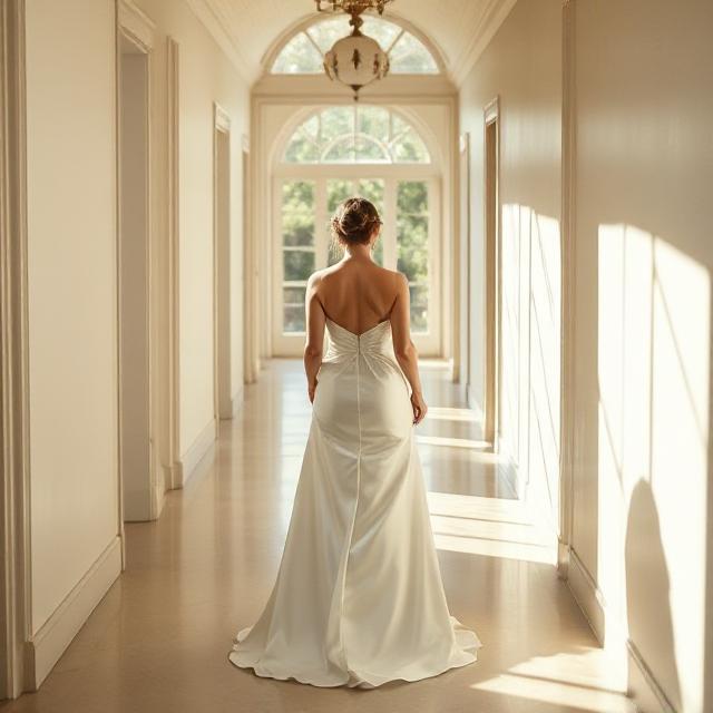Wedding Dresses That Define Elegance: A Bride’s Style Story 6 “Bride in a minimalist silk wedding dress walking through a sunlit hallway”