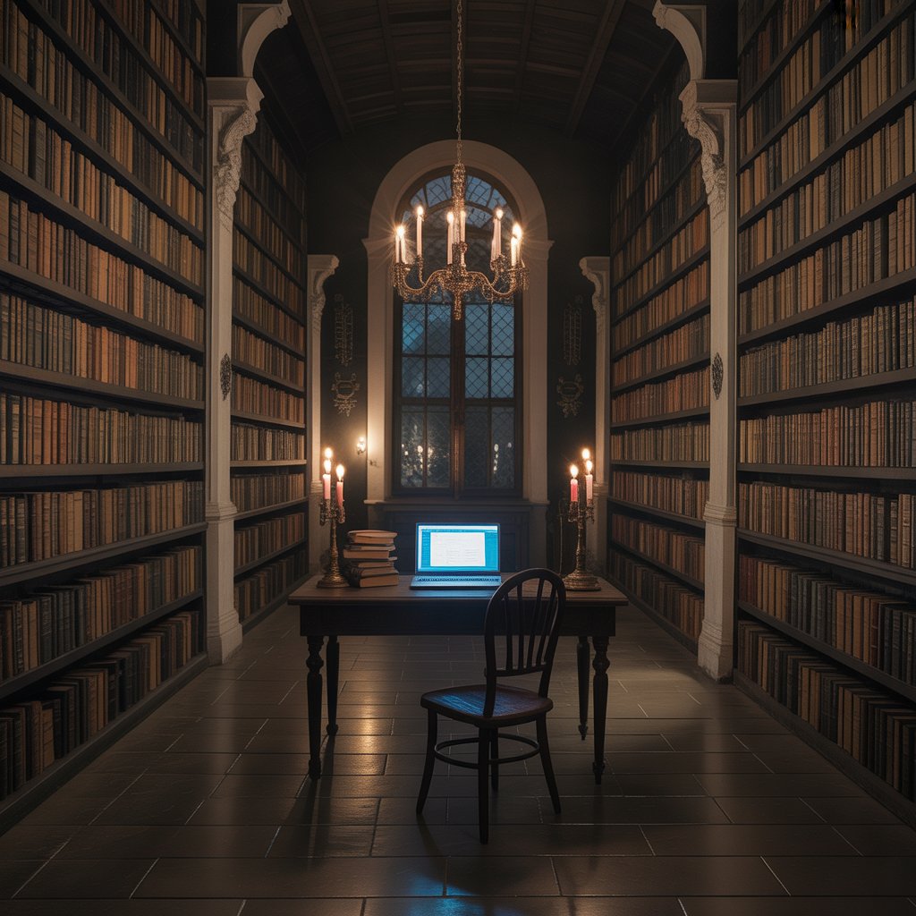 Laptop Wallpaper HD 1080p Aesthetic Dark Academia Dark – A Complete Guide 3 Dark library with candles and a laptop glowing with Laptop Wallpaper HD 1080p Aesthetic Dark Academia Dark.