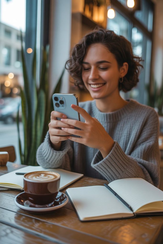 Aesthetic Wallpaper iPhone: Discover 2025 Trends to Refresh Your Screen 3 Design an amazing scene of a person smiling at their iPhone with a cloudy white aesthetic wallpaper, surrounded by coffee and notebooks in a cozy cafe, highlighting boosted energy and focus.