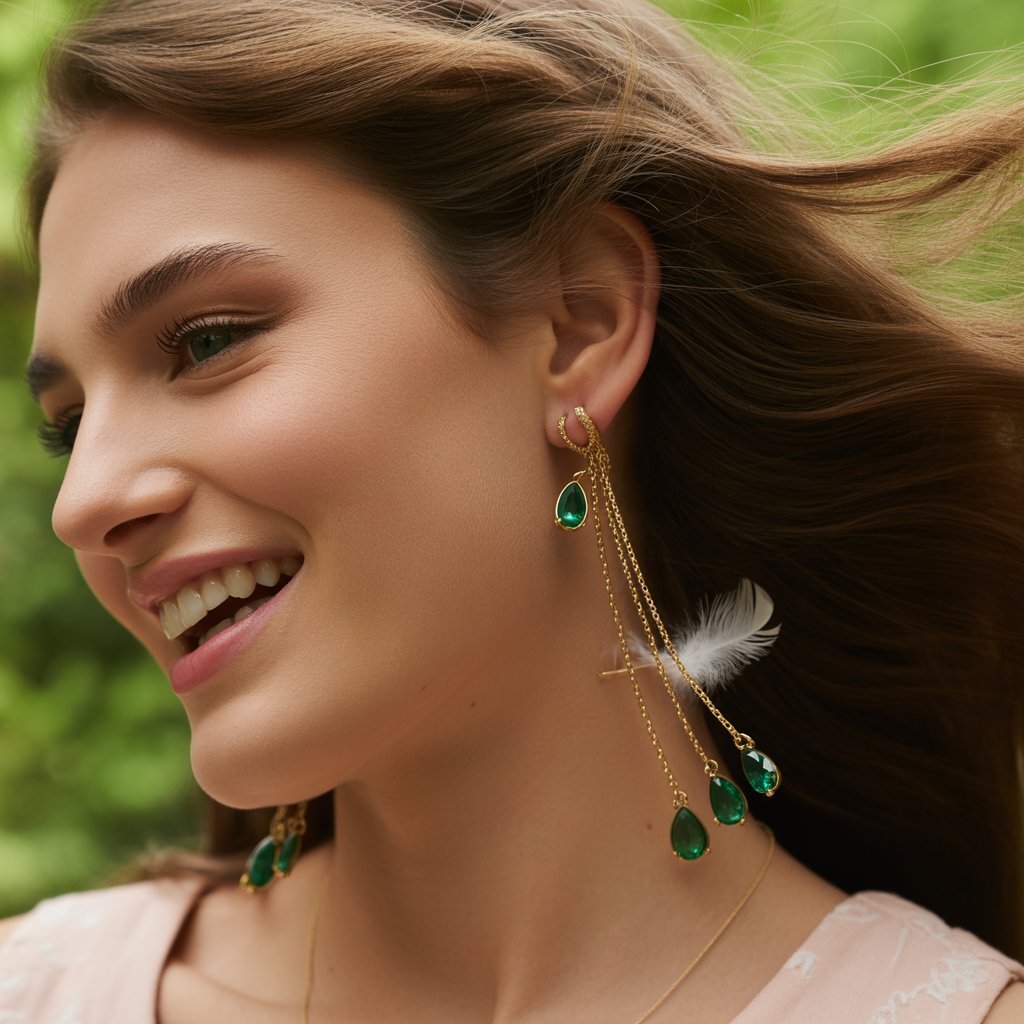 Emerald Jewelry Designs 2025 9 Dynamic photo of emerald drop dangler earrings in motion, with green gems swinging from gold chains adorned with tiny feathers, worn by a model with wind-swept hair, in a vibrant outdoor setting that's energetic and enchanting.