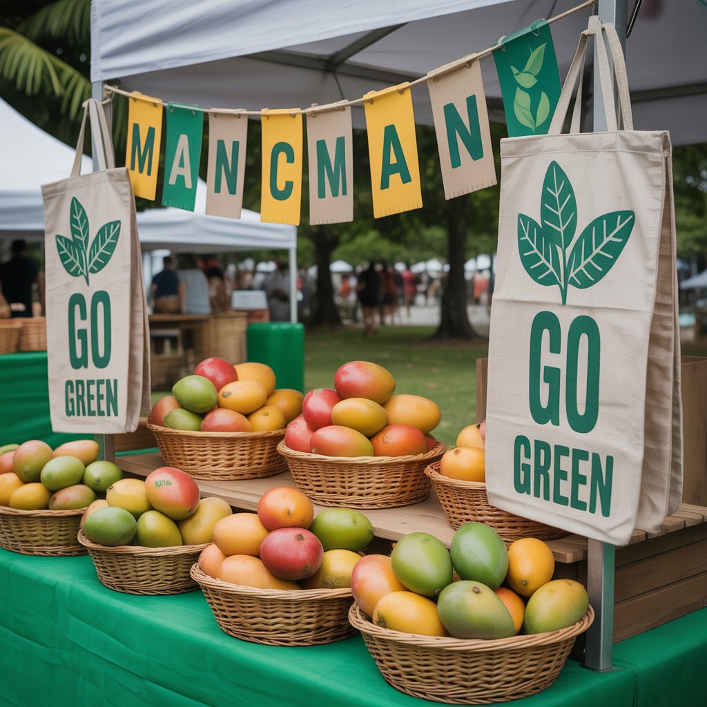 Mango Festival: A Juicy Celebration of Flavor, Culture, and Fun 9 Eco-themed stall at a Mango Festival featuring baskets of organic mangoes, reusable cloth bags, and “Go Green” signage.