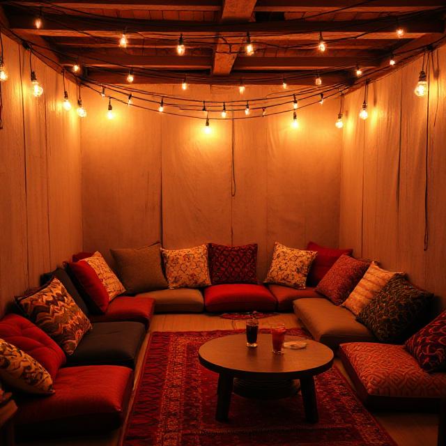 Home Celebration Decor Ideas That Turn Spaces into Moments 10 Soft lighting lounge area with string lights and comfortable seating for intimate home celebrations.