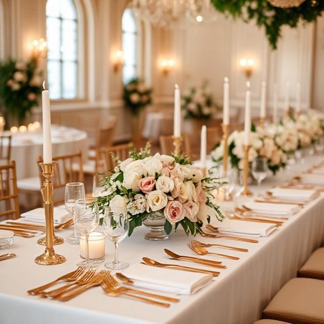 Secret Garden Wedding: Enchanting Pastel Floral Decor & Dreamy Wedding Chandeliers 5 Elegant wedding reception table with soft floral centerpieces, gold cutlery, and candles.