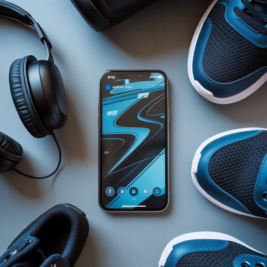 Aesthetic Wallpaper Background for iPhone Boy Stylish & Minimal HD Designs 3 Flat lay of an iPhone showing an aesthetic blue-black wallpaper with abstract sporty patterns, surrounded by headphones and sneakers