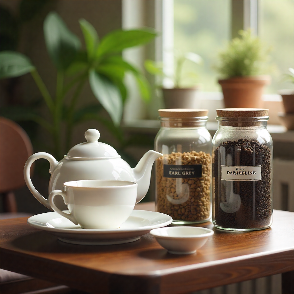The Perfect Tea Party: A Delightful Gathering of Elegance and Charm 6 Tea station with labeled jars, vintage teapot, and bowls of lemon and sugar cubes.