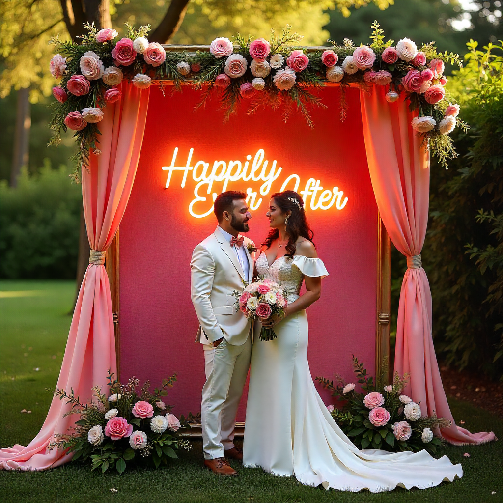 Secret Garden Wedding: Enchanting Pastel Floral Decor & Dreamy Wedding Chandeliers 7 Wedding photo booth with pink flower wall, neon sign, and gold mirror frame.