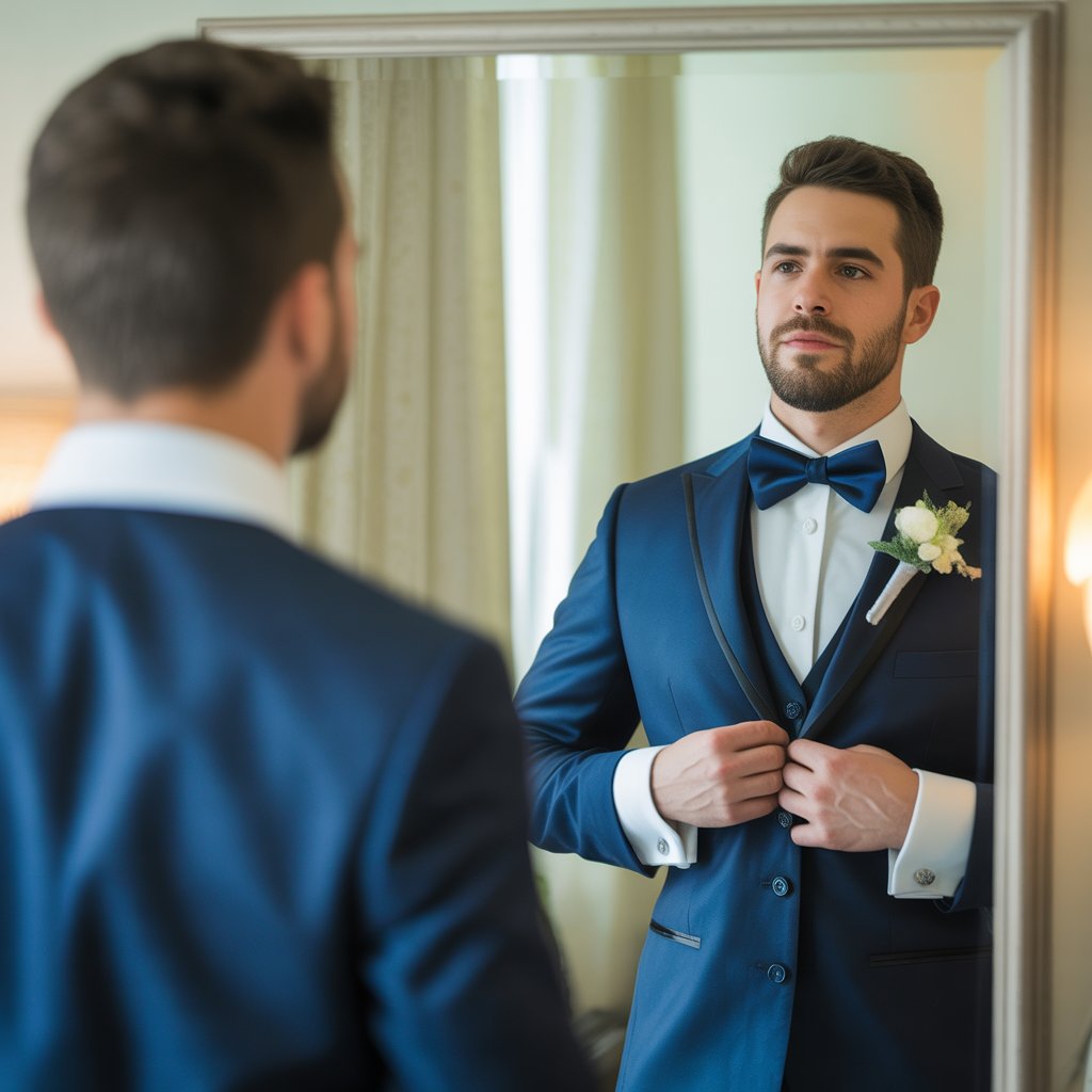 Groom Suits: Style, Elegance, and the Big Day 5 : Groom adjusting his vest while looking in a mirror, dressed in a three-piece navy suit.