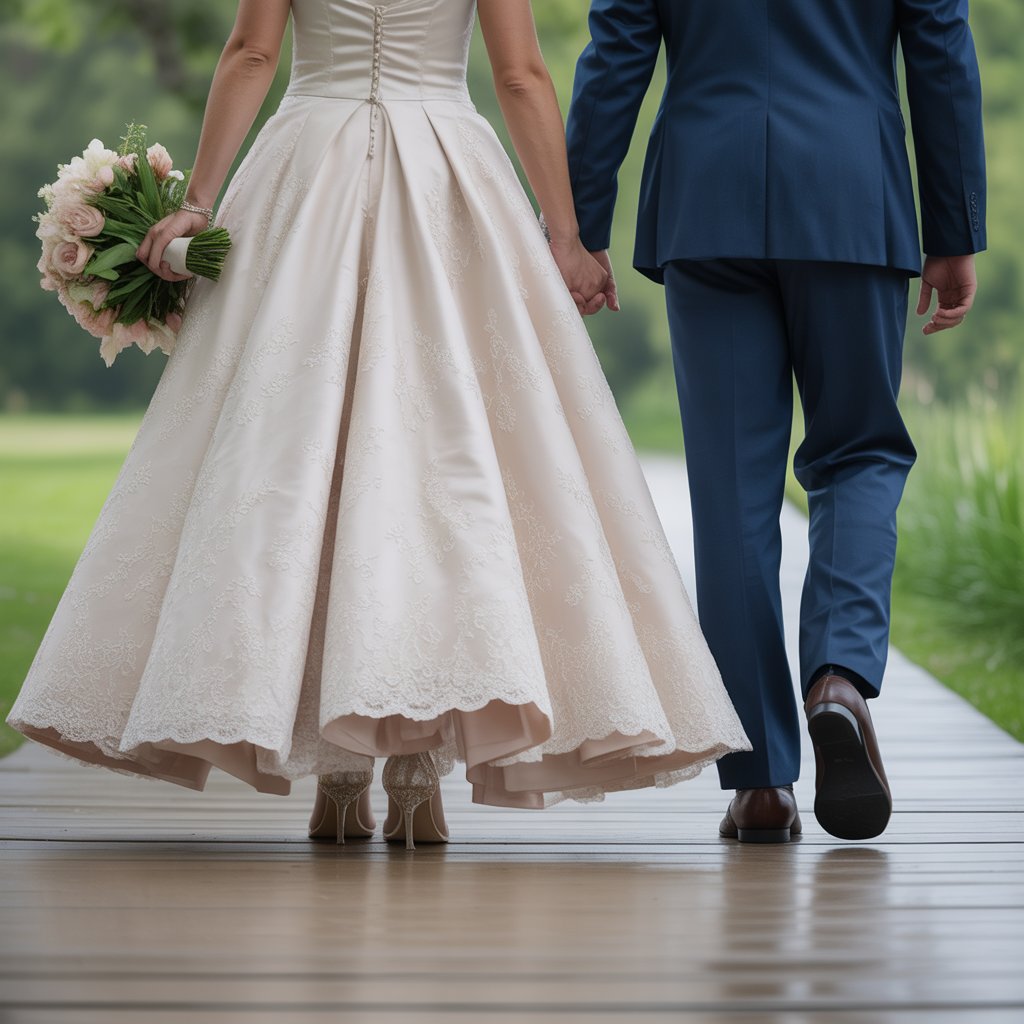 Wedding Heels Badgley Mischka Fenix Bridal Heels: Comfortable & Elegant Wedding Shoes for Brides 20 (Image: Bride and groom walking away hand-in-hand, heels visible under gown)