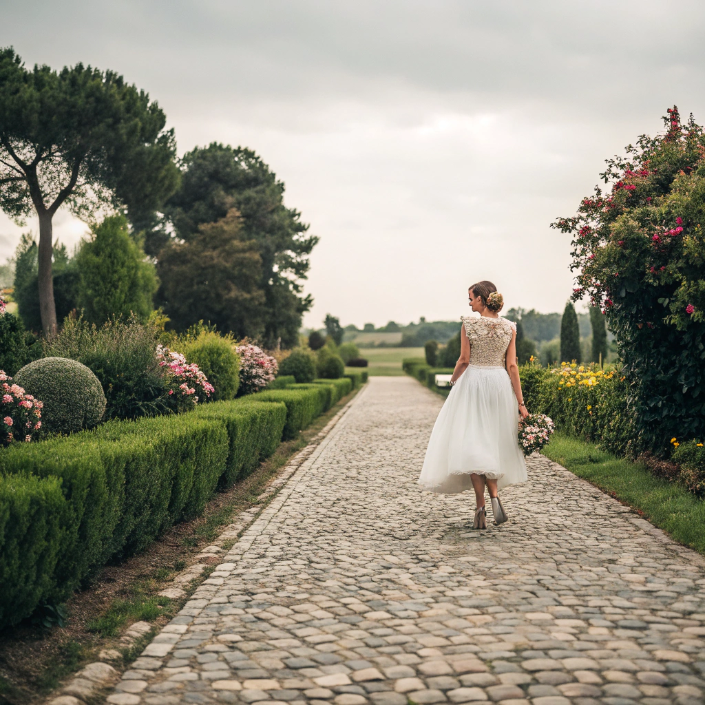 Wedding Heels Badgley Mischka Fenix Bridal Heels: Comfortable & Elegant Wedding Shoes for Brides 3 (Image: Bride walking across cobblestone path in sparkling high heels)