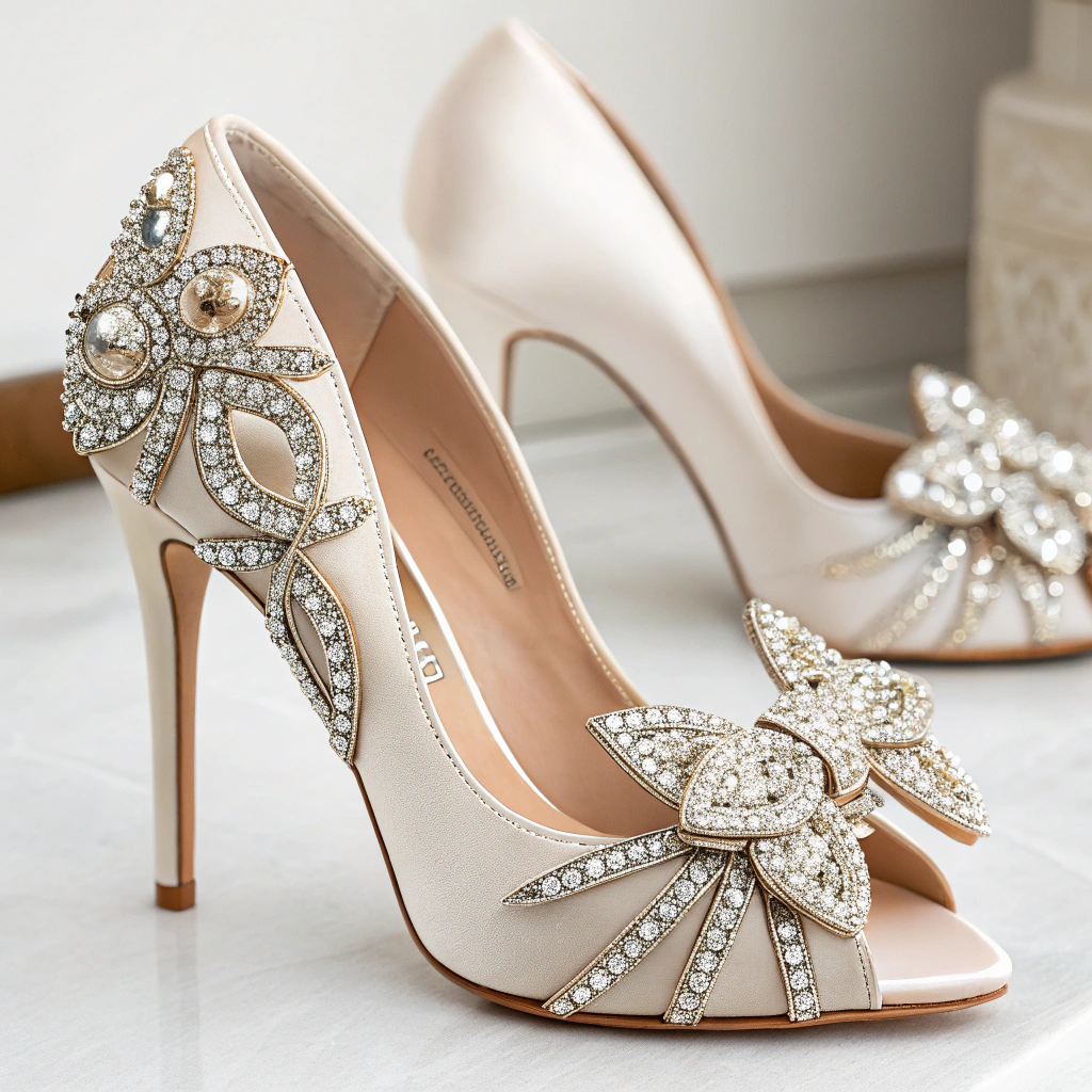 Wedding Heels Badgley Mischka Fenix Bridal Heels: Comfortable & Elegant Wedding Shoes for Brides 4 (Image: Close-up of Badgley Mischka Fenix Bridal Heels with jeweled bow detail)