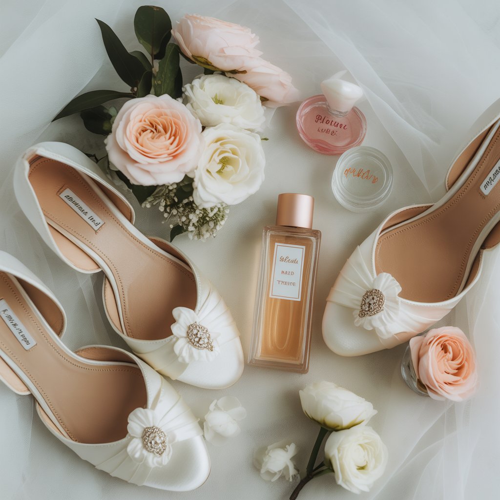 Wedding Heels Badgley Mischka Fenix Bridal Heels: Comfortable & Elegant Wedding Shoes for Brides 12 (Image: Flat lay of wedding shoes with bridal skincare and perfume)