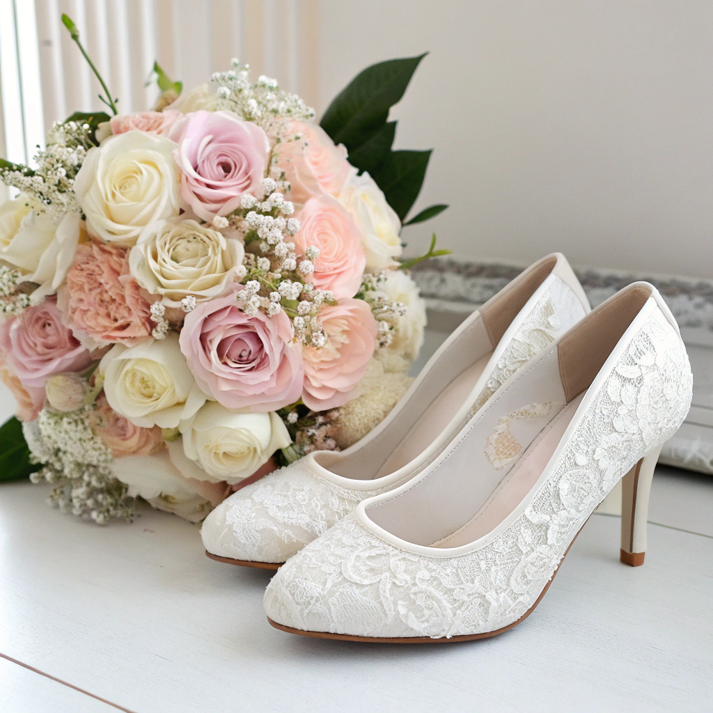 Wedding Heels Badgley Mischka Fenix Bridal Heels: Comfortable & Elegant Wedding Shoes for Brides 5 (Image: White lace bridal heels beside a pastel wedding bouquet)