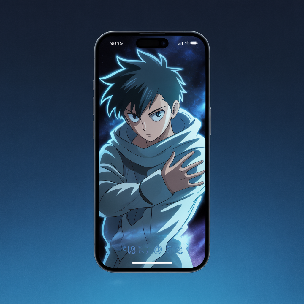 Aesthetic Wallpaper Background for iPhone Boy Stylish & Minimal HD Designs 7 iPhone wallpaper featuring an anime-inspired glowing character design in blue tones, bold yet aesthetic style.
