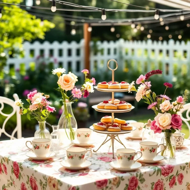 "A sunlit garden tea party setup with vintage teacups, floral tablecloth, a tiered tray of pastries, fresh flowers in vases, and string lights overhead."