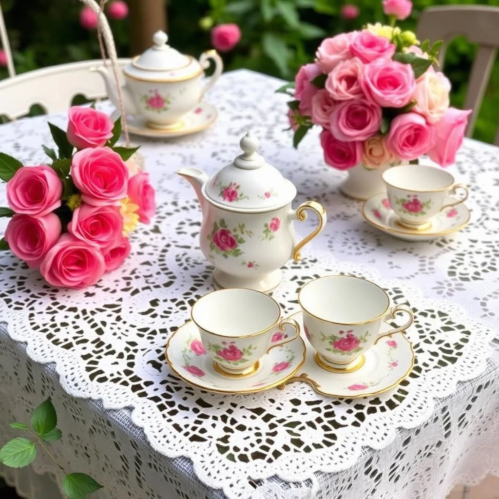 The Perfect Tea Party: A Delightful Gathering of Elegance and Charm 2 A vintage-style garden tea party setup with lace tablecloths and floral teacups.