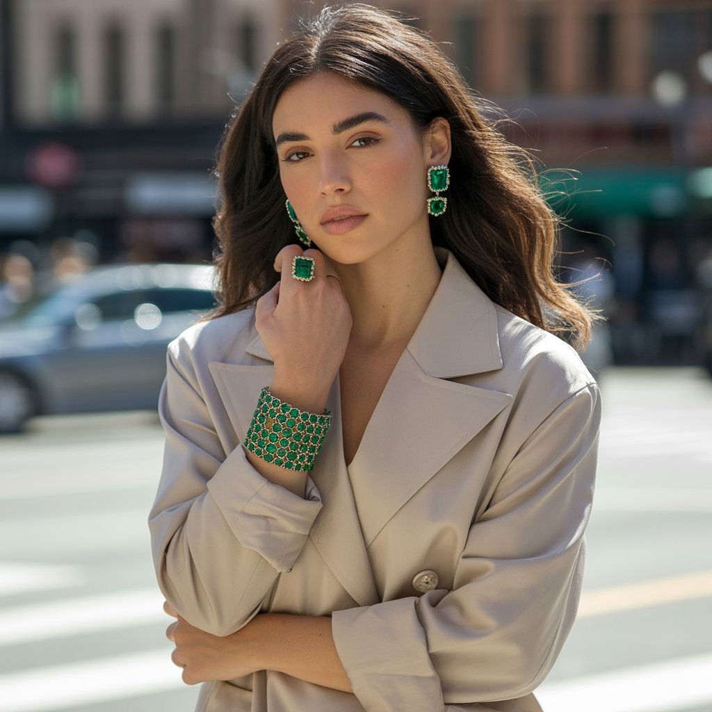 Emerald Jewelry Designs 2025 12 Stylish outfit ensemble featuring emerald jewelry pieces like earrings, bracelet, and ring on a model in neutral attire, posed confidently in an urban street setting, with vibrant green accents standing out, in a fashionable, aspirational vibe.