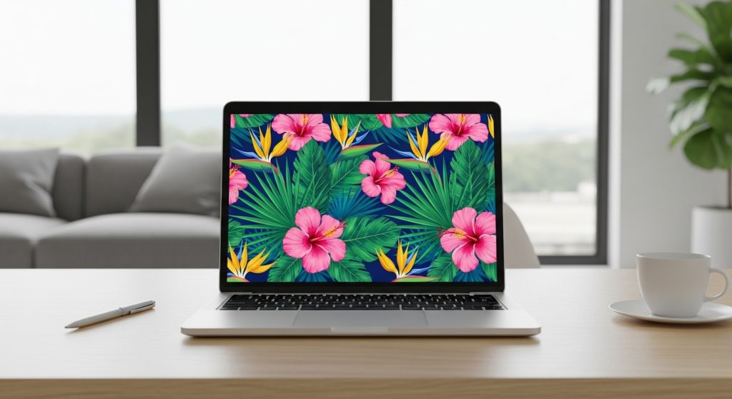 Aesthetic Wallpaper Background Floral – Elegant HD Flower Backdrops for Phone & Desktop 4 Modern interior with a laptop on a wooden desk, displaying a bold tropical floral wallpaper in 1080p HD.