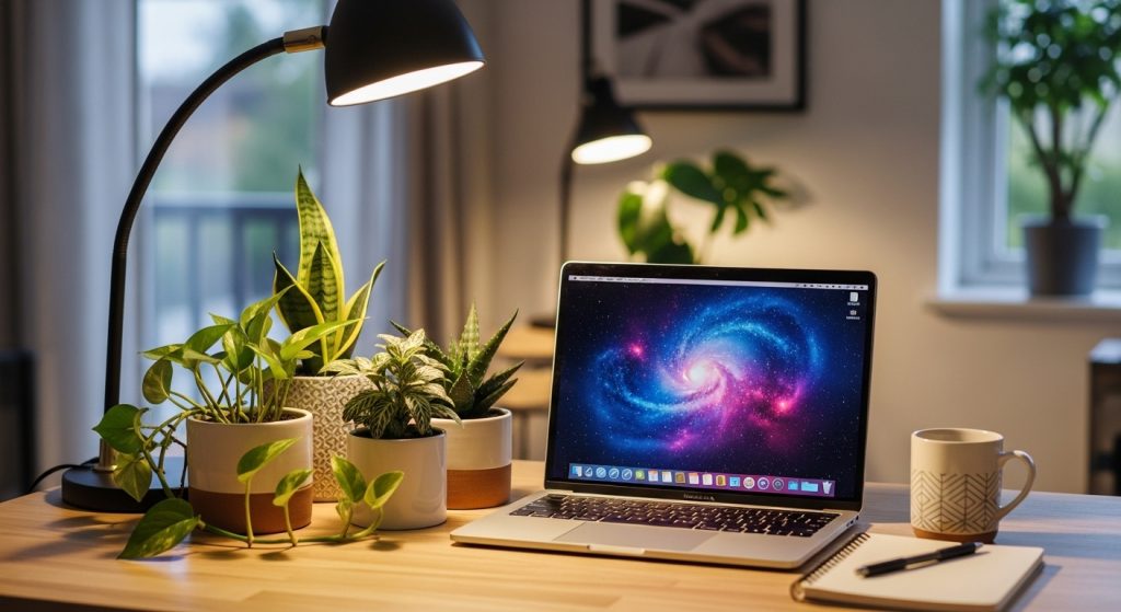 Aesthetic Wallpaper Background for Mac Minimal & HD Stylish Backdrops 13 Creative desk setup with a MacBook, plants, and an aesthetic wallpaper glowing on the screen.