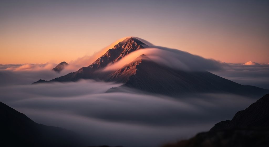  A tranquil wallpaper of a mountain peak surrounded by misty clouds, symbolizing calm and mindfulness.