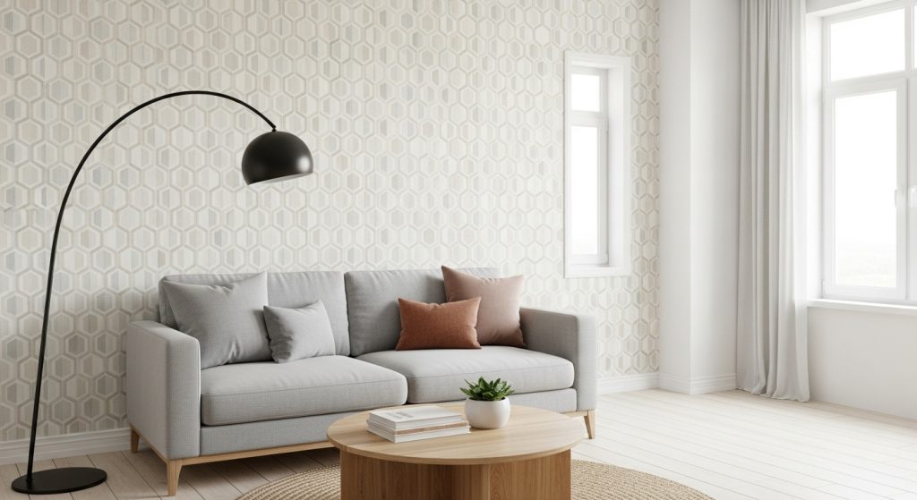 Aesthetic Wallpaper Background for Wall – Minimal & Stylish Room Decor Ideas 2 A bright, minimal living room with one accent wall covered in an aesthetic wallpaper background with soft neutral tones and stylish patterns.
