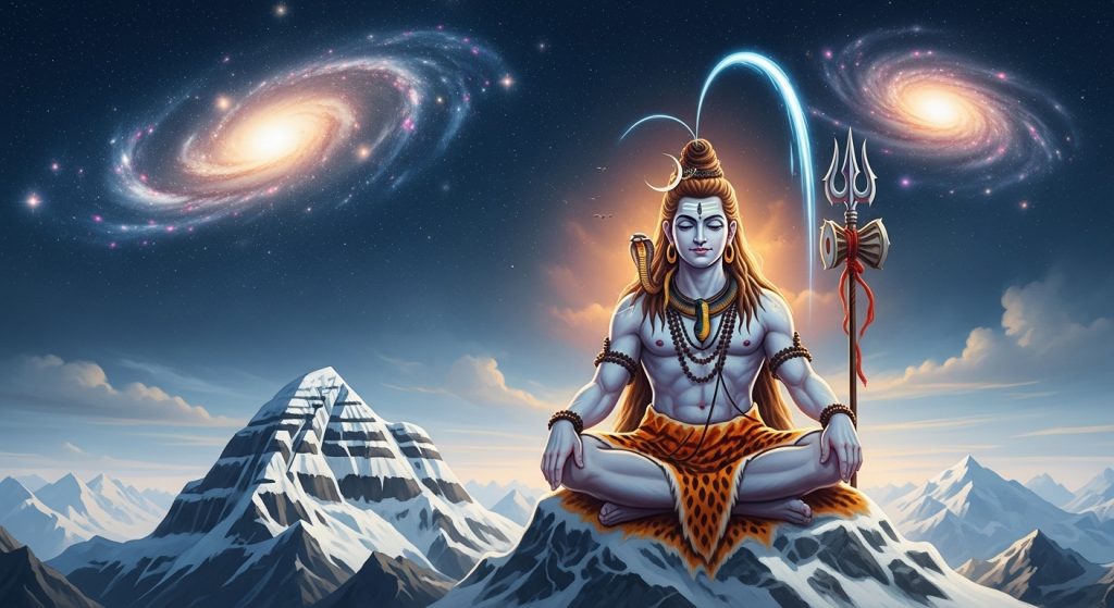 Aesthetic Wallpaper Background Mahadev HD Spiritual Backdrops 13 A glowing HD wallpaper of Shiva sitting on Mount Kailash with cosmic galaxies swirling above.