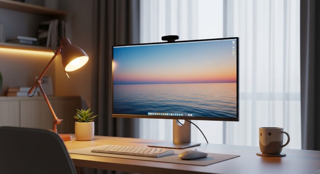 Aesthetic Wallpaper 4K for PC | Stunning Ultra HD Desktop Backgrounds 14 : Final aesthetic shot of a modern home office with a glowing PC monitor showing a serene 4K wallpaper of a calm ocean horizon.