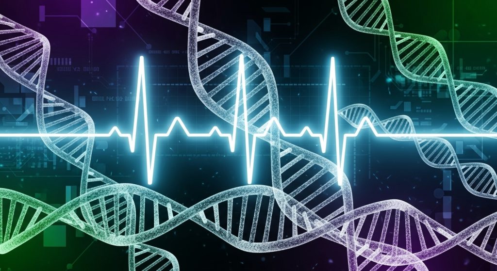 Medico Aesthetic Wallpaper Background Minimal & Professional Vibes 10 An AI-generated futuristic medico wallpaper with glowing heartbeat lines and 3D DNA strands.