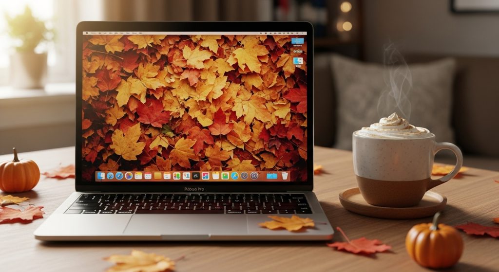 Aesthetic Wallpaper Background for Mac Minimal & HD Stylish Backdrops 9 MacBook with a warm autumn leaves wallpaper, beside a pumpkin spice coffee.