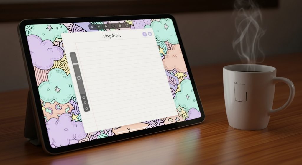 Top Aesthetic Wallpaper: Digital Notepad with Pastel Doodles 2 A glowing tablet screen displaying a digital notepad wallpaper with pastel doodles in lavender, mint, and peach, set on a wooden desk with a coffee mug.