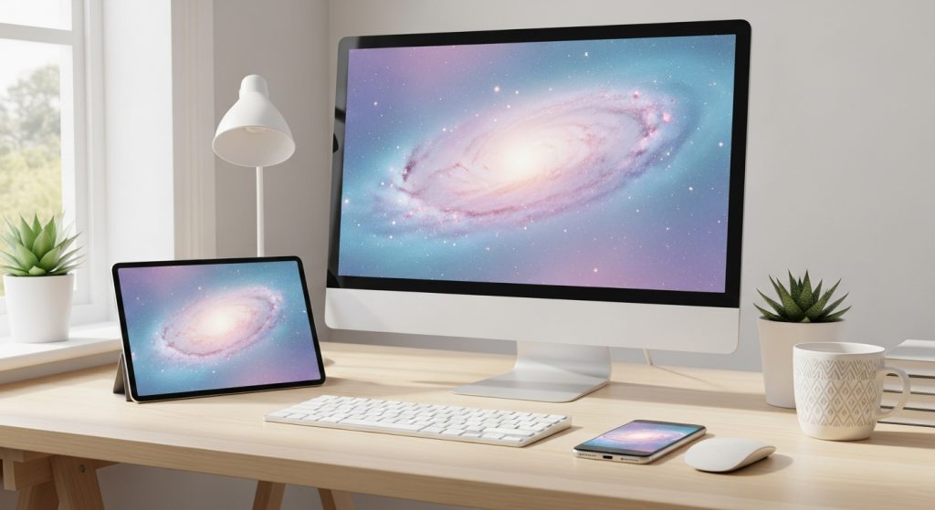 Top Aesthetic Wallpaper Ideas: Galaxy Sky with Pastel Stars 8 Creative workspace with desktop, tablet, and phone all displaying the same pastel galaxy star wallpaper.