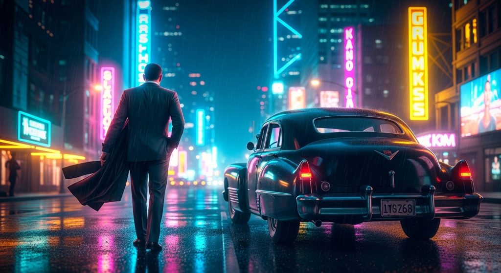 Aesthetic Wallpaper Background Mafia Dark & Powerful HD Backdrops 13 Final wallpaper design—mafia boss walking away from a vintage car under neon city lights.