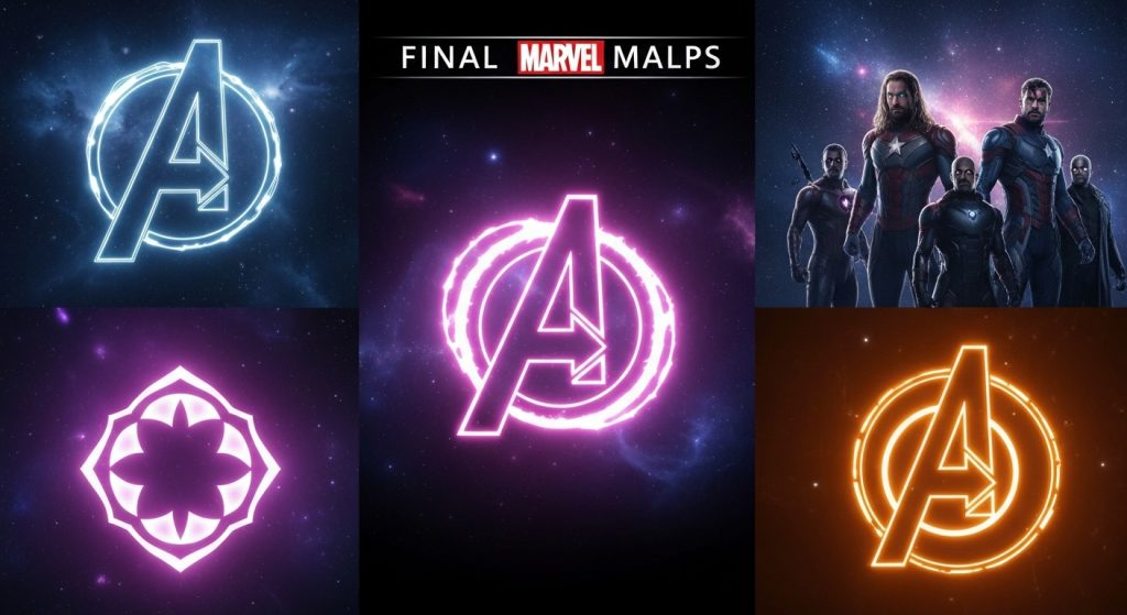 Aesthetic Wallpaper Background Marvel Epic HD Superhero Backdrops 15 “Final cinematic Marvel wallpaper collage featuring Avengers, glowing symbols, cosmic galaxy background.”