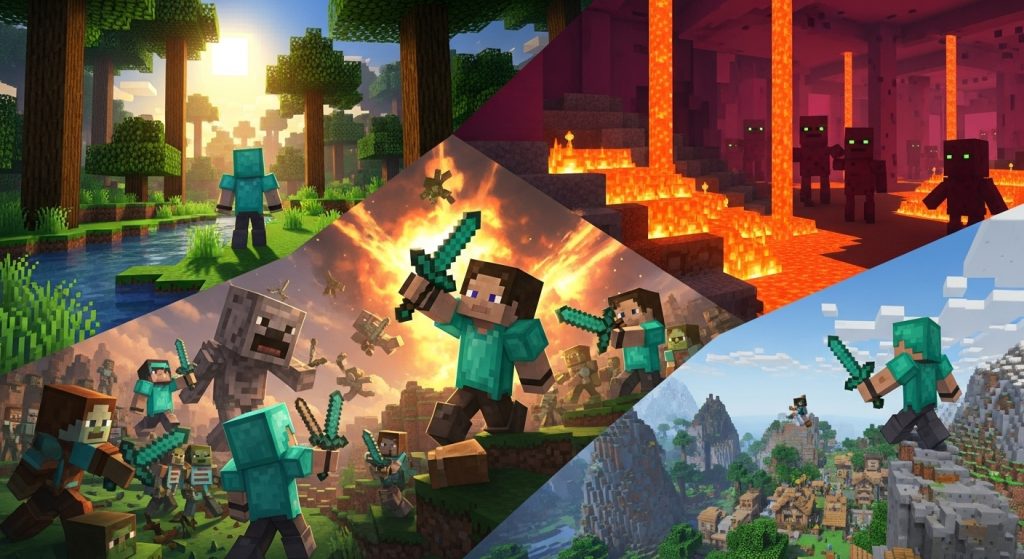 Minecraft Aesthetic Wallpaper Background Cool HD Pixel Art Backdrops 14 Image Prompt: A montage of different Minecraft wallpapers—peaceful forests, fiery Nether, and adventurous battles—arranged in a stylish collage.
