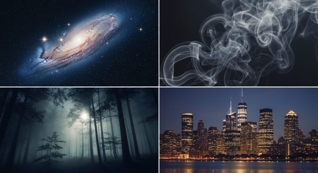Dark Aesthetic Wallpaper Backgrounds for PC | Minimal & Stylish Desktop Designs 6 A collage of different dark wallpapers—cosmic galaxy, misty forest at night, abstract smoke pattern, and a glowing city skyline.