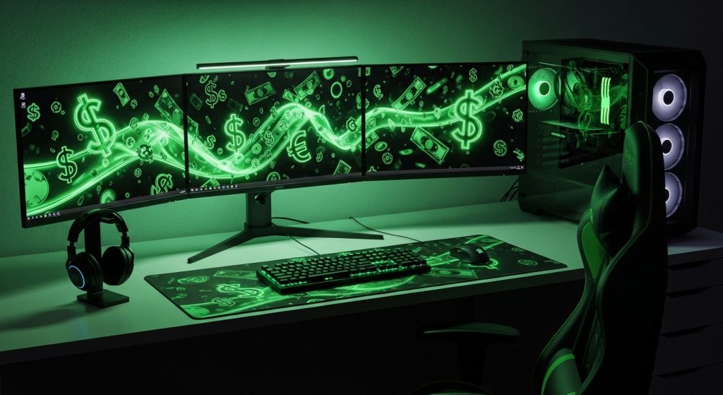 Money Aesthetic Wallpaper Background Luxury & Wealth Vibes in HD 12 Gaming PC setup with neon green money-themed wallpaper glowing across triple monitors.