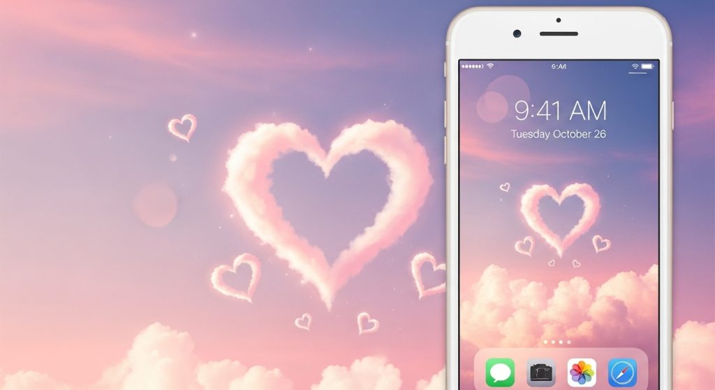 Download Free Aesthetic Love Wallpapers for iPhone Backgrounds 6 : A dreamy iPhone wallpaper mockup with soft pink and white clouds shaped like hearts, symbolizing positivity and romance.