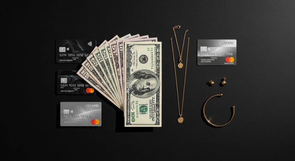 Money Aesthetic Wallpaper Background Luxury & Wealth Vibes in HD 3 Minimalist flat-lay of cash, credit cards, and gold jewelry with a sleek black background, shot in high-definition.