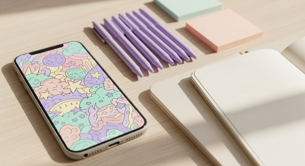 Top Aesthetic Wallpaper: Digital Notepad with Pastel Doodles 3 Soft pastel doodle wallpaper on a phone screen beside pastel stationery—lavender pens, peach sticky notes, and cream notebooks.