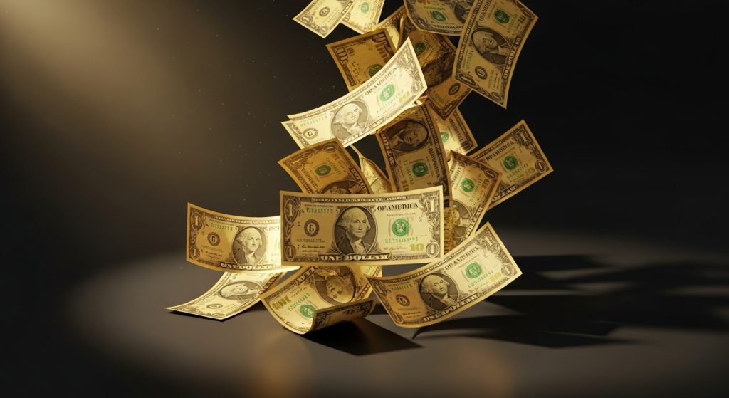 Money Aesthetic Wallpaper Background Luxury & Wealth Vibes in HD 2 A luxurious desktop wallpaper featuring golden dollar notes, glowing softly under warm light, with a modern aesthetic.