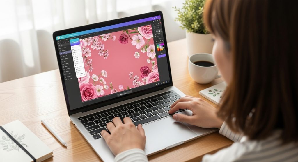 : A person designing a pink aesthetic wallpaper on Canva with floral overlays.