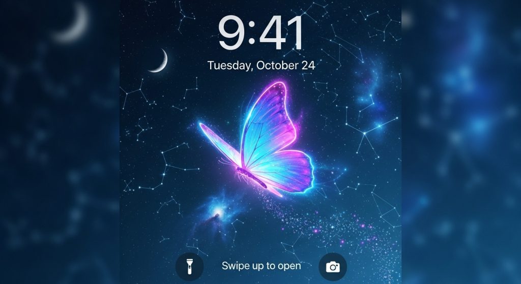 Beautiful Butterfly Aesthetic Wallpapers for iPhone Lovers 6 : A dreamy iPhone lock screen with a glowing butterfly flying in a starry night sky.