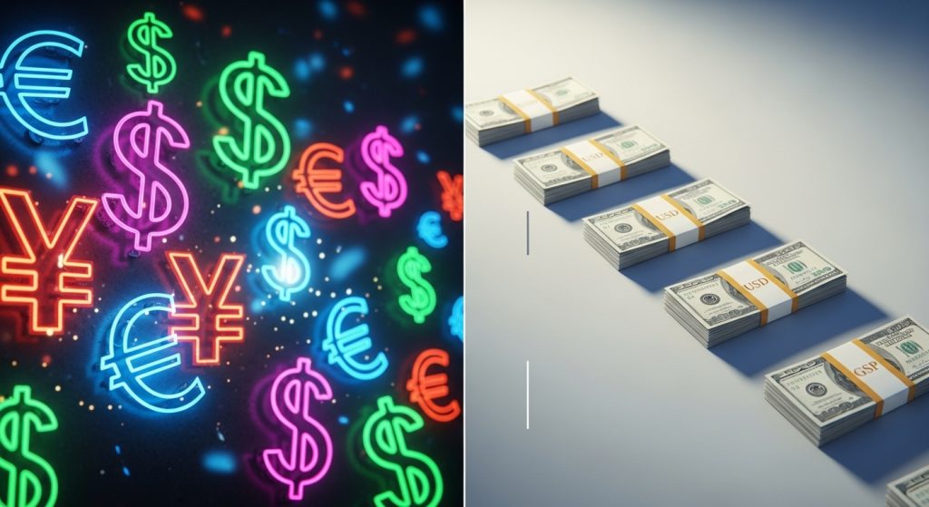 Money Aesthetic Wallpaper Background Luxury & Wealth Vibes in HD 10 Split-screen wallpaper showing one side bold with neon money symbols and the other side calm with minimal stacks of cash.