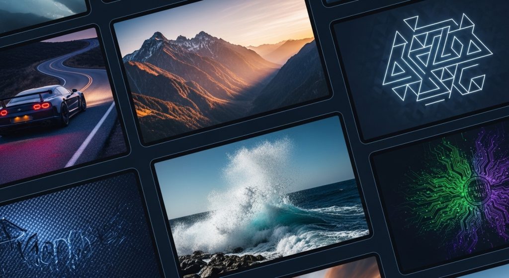 Aesthetic Wallpaper Background Man Bold & Stylish HD Looks 3 Collage of different masculine wallpapers – cars, mountains, minimal geometric shapes – glowing on laptop screens.
