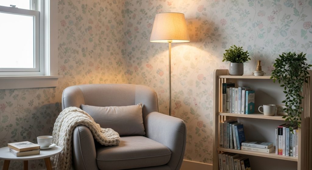 Aesthetic Wallpaper Background for Wall – Minimal & Stylish Room Decor Ideas 10 : A compact reading corner with soft pastel wallpaper, a chair, a small bookshelf, and warm lighting.