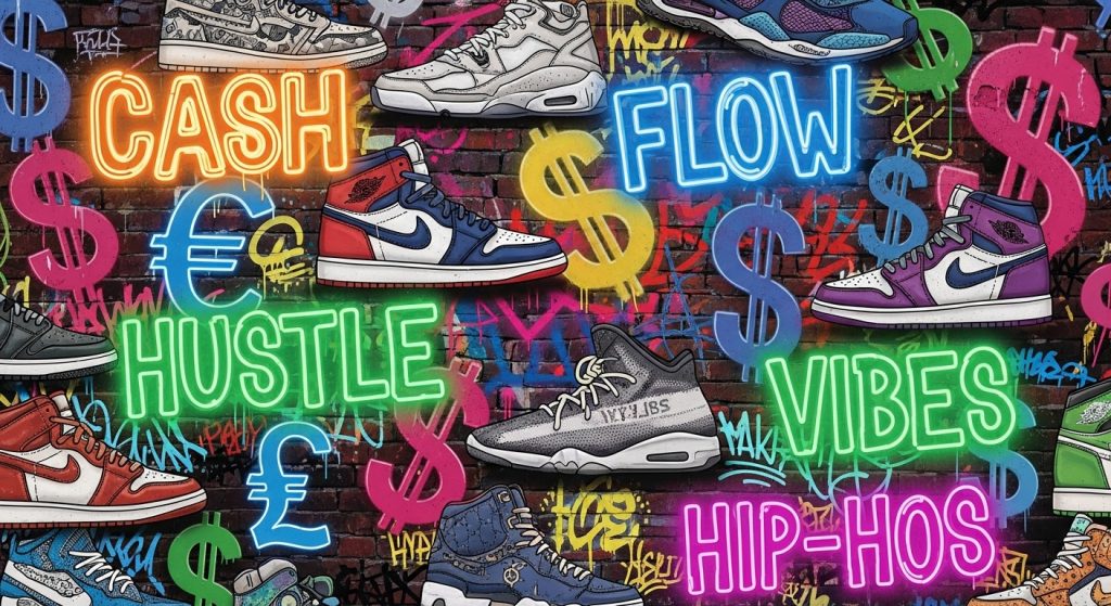 Money Aesthetic Wallpaper Background Luxury & Wealth Vibes in HD 8 Wallpaper inspired by hip-hop culture, with graffiti money symbols, luxury sneakers, and bold neon text.